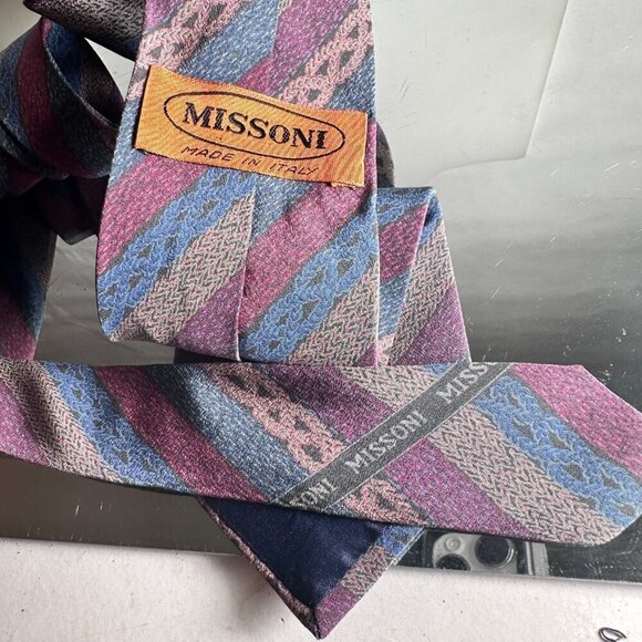 Missoni Striped Mens Tie Silk Neckwear Purple Blue  Striped - Picture 2 of 6